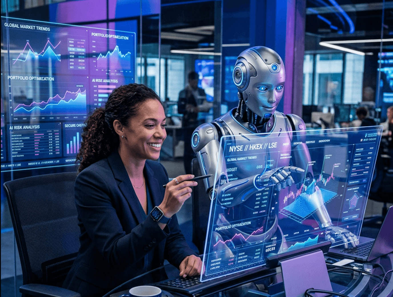 Human-in-the-loop AI — analyst collaborating with AI in a trading environment